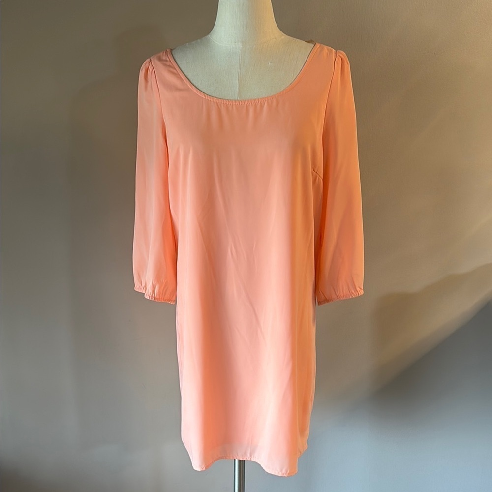 Hello Miss peach shift mini Dress Bishop 3/4 Sleeves long back zipper V back L